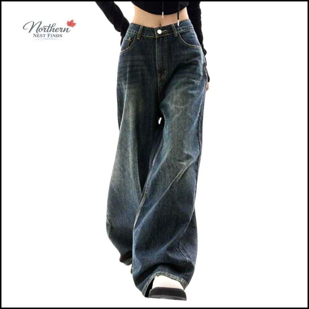 Mid-High Waisted Wide Leg Baggy Boyfriend Jeans Y2K Streetwear